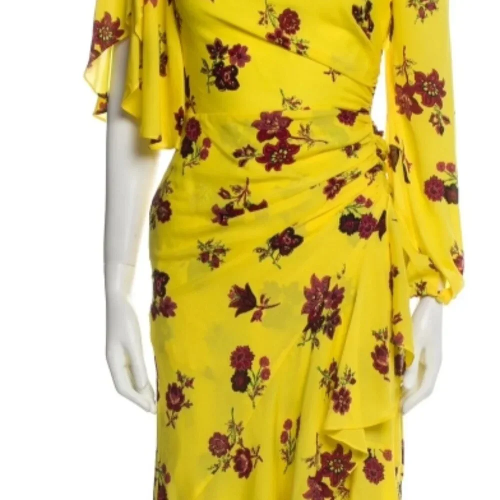 A.L.C Silk Florence Floral Ruffles Asymmetrical Midi Dress Linsey Yellow XS $675
